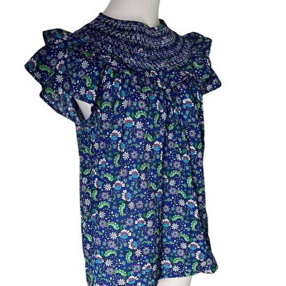 LOFT Blue Floral Smocked Flutter Sleeve Blouse Women’s M Cotton Boho - Picture 2 of 8